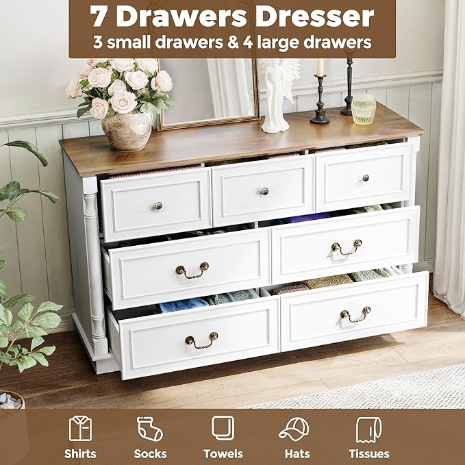 52" Farmhouse 7 Drawer Dresser for Bedroom,Tall Wide Wood Country Rustic Chest of Drawers,Column Decor,Retro Handle,Natural Texture,Wood Vintage TV Stand,Antique White