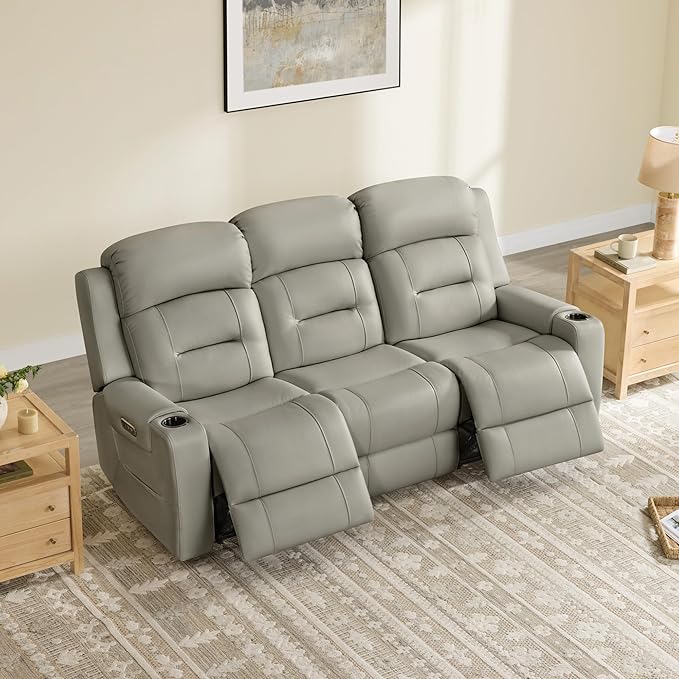 Watson & Whitely Genuine Leather Power Reclining Sofa, 3-Seater Lay Flat Recliner Sofa with Power Headrest, Cup Holders, USB & Type-C Ports, Electric Reclining Couch for Living Room, Grey