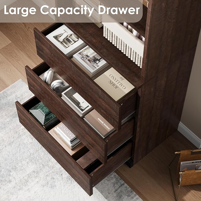 IDEALHOUSE 70" H Bookcase with 3 Storage Drawers,Tall Bookshelf w/ 3-Tier Open Shelf, Morden Storage Bookcase Wooden Deep Bookshelves Storage Cabinet Organizer for Library Office Living Room (Brown)
