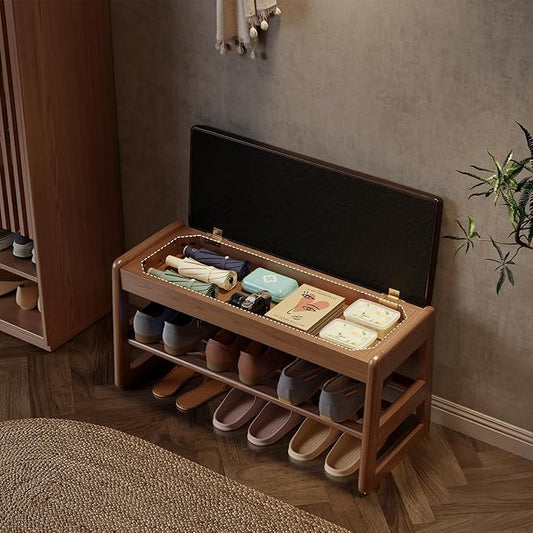 AQIMUELE Shoe Rack Bench,2 Tiers Shoe Bench with Storage with Flip-Top,Wood Shoe Rack for Entryway,Hallway（Dark Walnut Upholstered Seat）