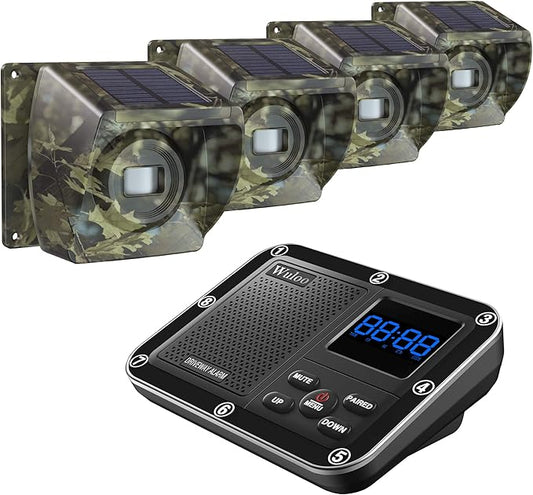 Solar Driveway Alarm Wireless Outside 1800ft Range, Outdoor Motion Sensor & Detector Driveway Alert System with Rechargeable Battery/Weatherproof/Mute Mode (1&4-Camouflage)