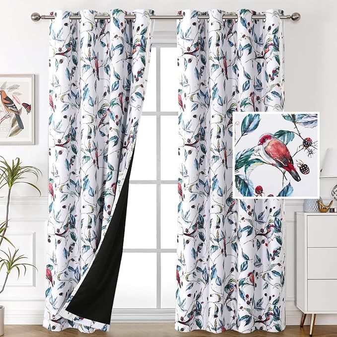 H.VERSAILTEX 100% Blackout Curtains 96 inch Length 2 Panels Set Printed Drapes Thermal Insulated Curtains for Bedroom with Black Liner Sound Proof Curtains, Wild Berry and Bird