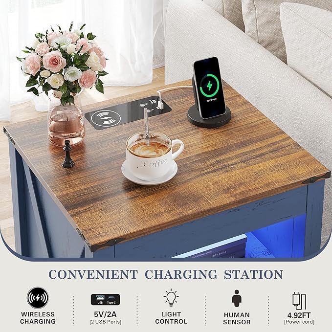 Farmhous Nightstand with Gun Drawer,Bedside Table with Charging Station, Gun Night Stand with LED Light & Human Sensor,Smart End Table for Bedroom, Blue