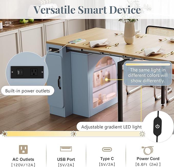 15.6" - 59" Extendable Dining Table, Mobile Kitchen Island with Storage Cabinet, Power Outlet and LED Lights, Space-Saving Dining Table for Small Spaces, Blue and Natural