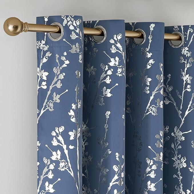 NICETOWN Stone Blue 100% Blackout Curtains 63 inch Length, Grommet Tree Pattern Foil Printed Window Treatments Floral Thermal Curtains for Bedroom, W52 x L63, 2 Panels