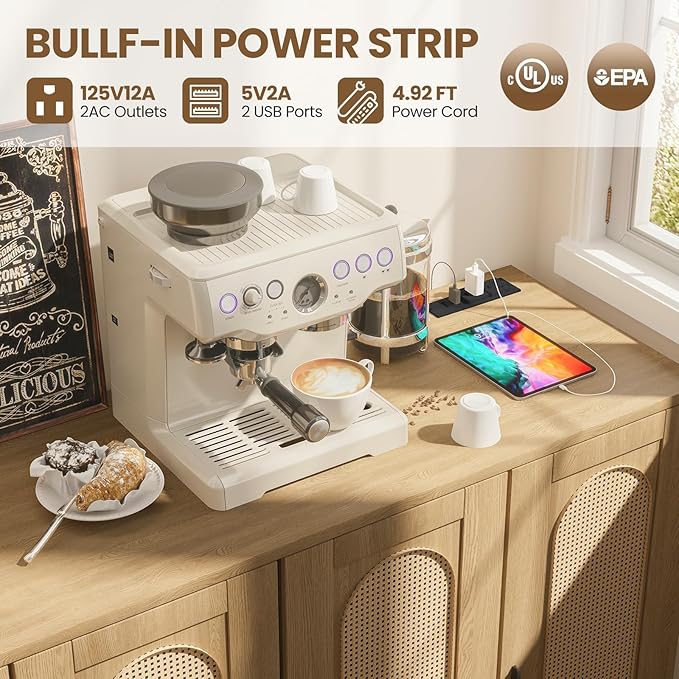 Rattan Sideboard Buffet Cabinet, Boho Accent Storage Cabinet, 4 Doors Console Table Coffee Bar with Power Outlet, Adjustable Shelves for Kitchen, Dining Room, Hallway, Living Room
