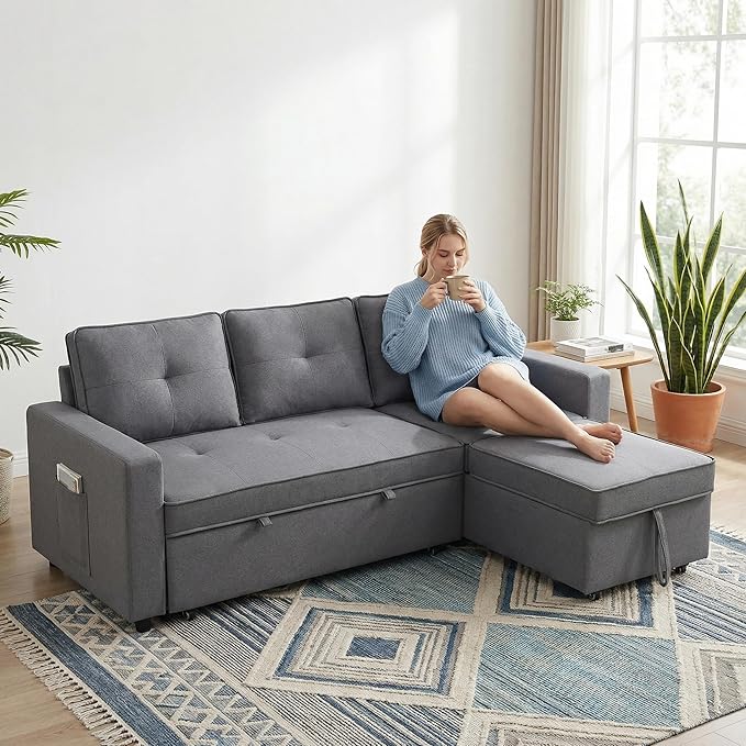 83 Inch Convertible Sofa Bed with Side Pocket, Modular Sectional Couch with Pull Out Bed, L Shaped 3 Seat Sectional Sleeper Sofa for Living Room, Apartment, Black
