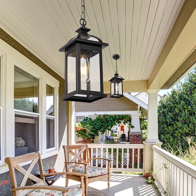 Darkaway Outdoor Pendant Light Fixture Lantern, Hanging Porch Light with Glass Aluminum Outdoor Pendant Lights for Porch, Patio, Entryway (2 Pack, Black)