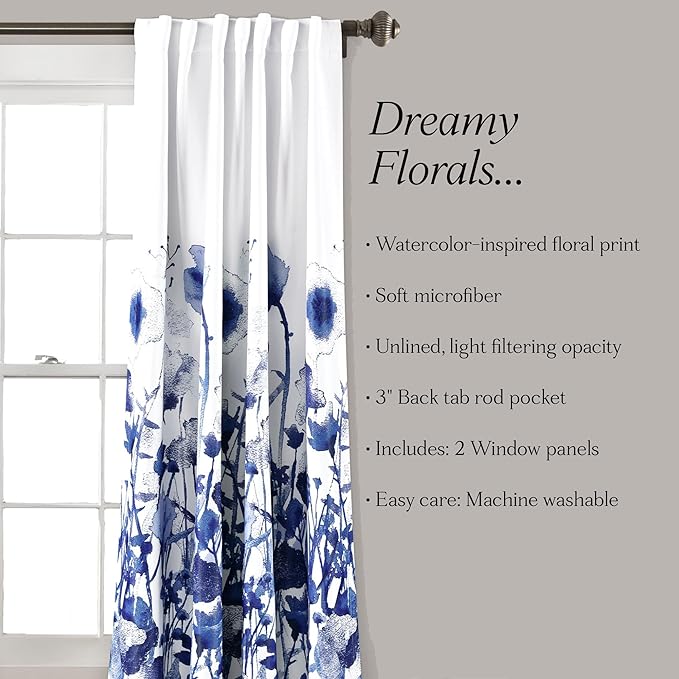 Lush Decor Zuri Flora Light Filtering Window Curtain Panel Pair, 63" Long x 52" Wide, Navy