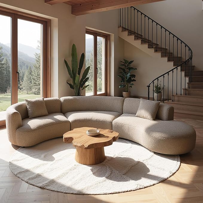 Acanva Modern Curved Sectional Living Room Couch, Minimalist Comfy Boucle Fabric Modular Sofa for Apartment, Home Office, 153" W Right Hand Facing, Light Coffee