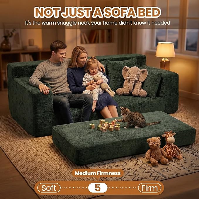 Convertible Sofa Bed, 5 in 1 Small Boneless Couch Pull Out Loveseat Sleeper Sofa,Corduroy Futon Couch Folding Mattress with 4 Pillows for Living Room Bedroom Lounge (Green, 3 Seater)