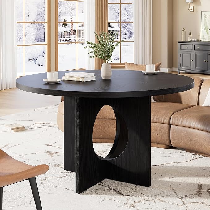 IDEALHOUSE 47" Round Dining Table, Kitchen Table for 4-6 People, Circle Tables with Sturdy Pedestal Base, Space Saving Dinning Room Furniture for Living Room, Kitchen, Apartment, Black