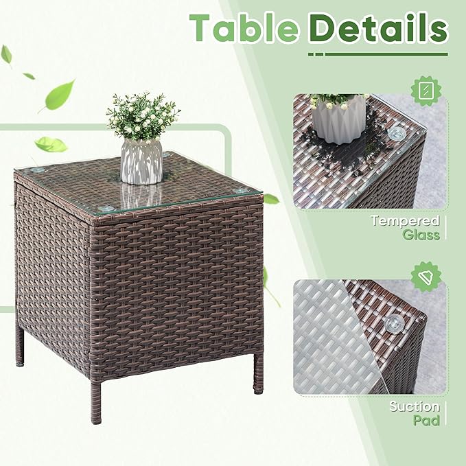 Greesum 3 Pieces Patio Dining PE Rattan Wicker Chair Furniture Set with Cushion and Glass Coffee Table for Outdoor Garden Backyard Poolside, Brown and Grey