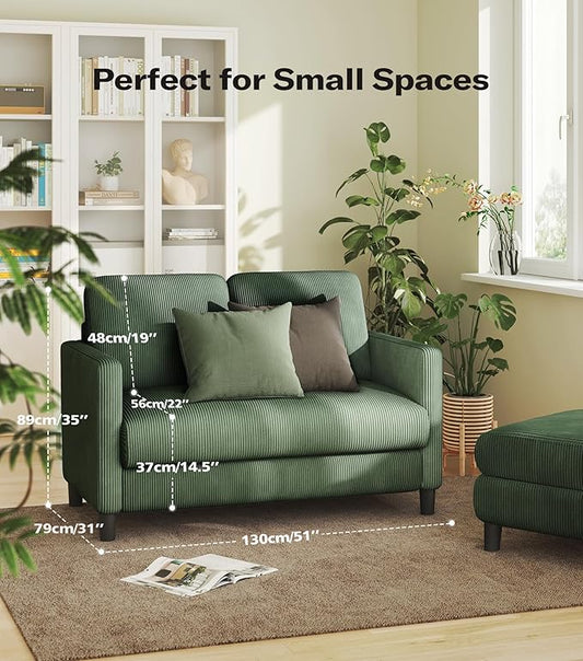 Welzona Loveseat Sofa, 51" Love Seat, Comfy Corduroy Small Loveseat for Small Spaces, Tool-Free Setup Couch for Bedroom, All-Wood Couches for Living Room, No Pillow Included, Green