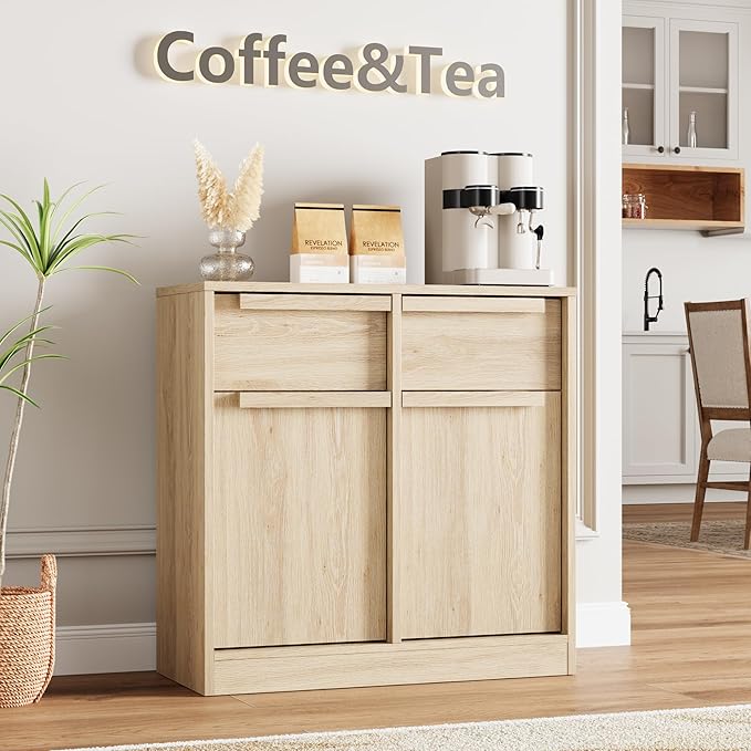 GarveeHome Sideboard Buffet Cabinet with 2 Drawers, 31.5 in Large Coffee Cabinet with Storage, Modern Storage Buffet Table for Kitchen Dining Room, Living Room (Pear Wood, 2 Doors & 2 Drawers)