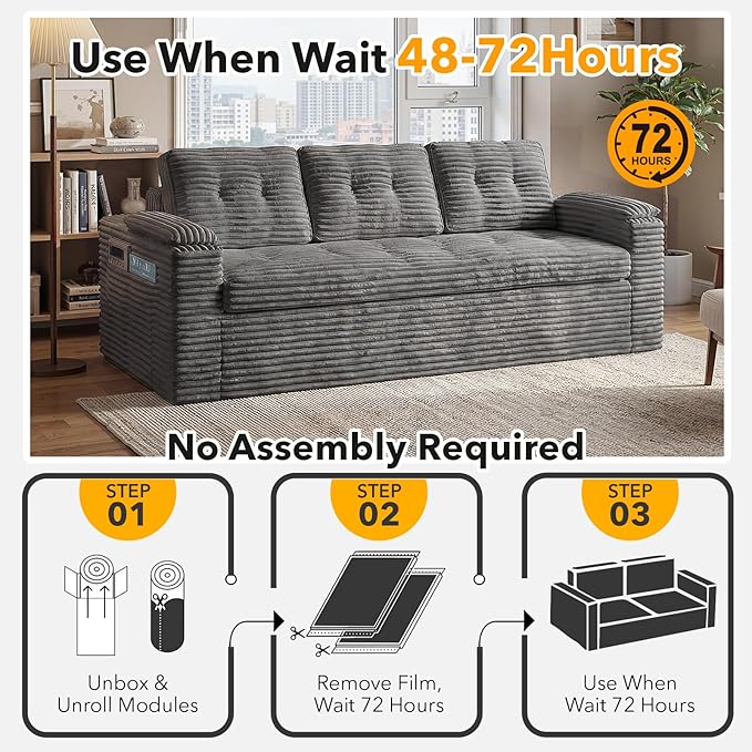 83" Boneless Couch, 3 Seater Cloud Corduroy Sofa in a Box with Deep Tufted Cushions, Zero Assembly, Removable Washable Cover, Family-Friendly Living Room Couch, Dark Grey