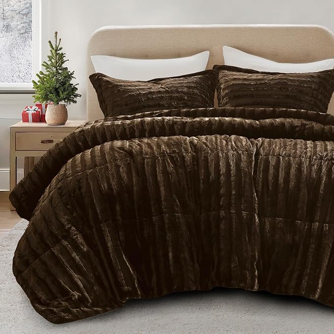 Madison Park Duke Faux Fur Plush Bedding 3 Piece Comforter Set Super Soft and Cozy Warm, King/Cal King, Chocolate