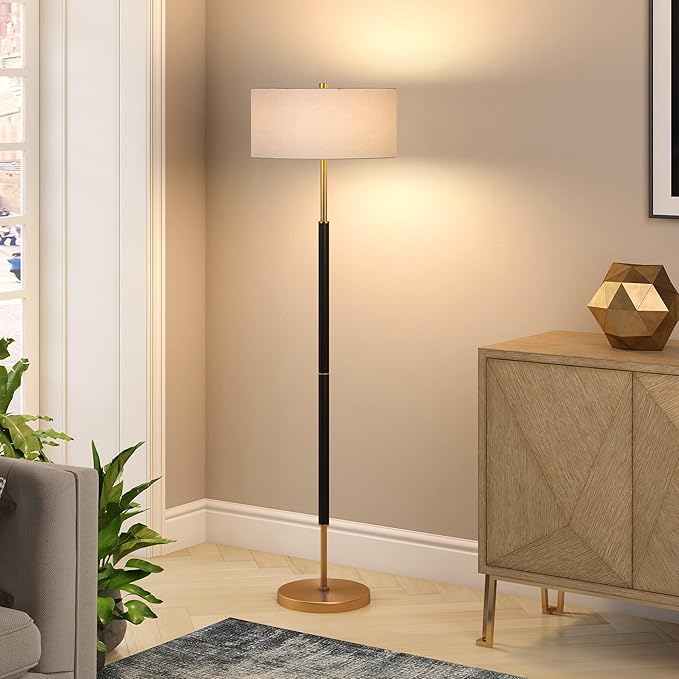 Henn&Hart 2-Light Floor Lamp with Fabric Shade in Matte Black/Brass/White and Color Ambiance Smart Bulbs (2-Pack)