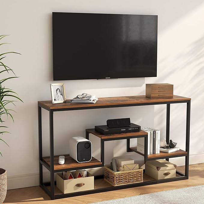 YOUDENOVA Tall TV Stand for TVs up to 55 Inch, TV Console Table with 3-Tier Open Storage Shelves, Modern Industrial Entertainment Center for Living Room, Bedroom，Rustic Brown