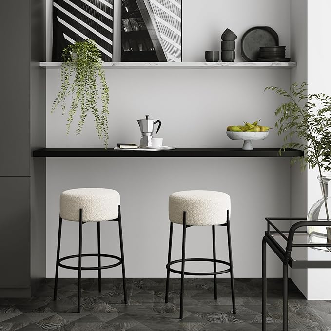 Nathan James Isaac 29" Modern Backless Bar Stool with Round Soft Padded Boucle Seat and Metal Mid-Century Base, Boucle White/Black, Set of 2