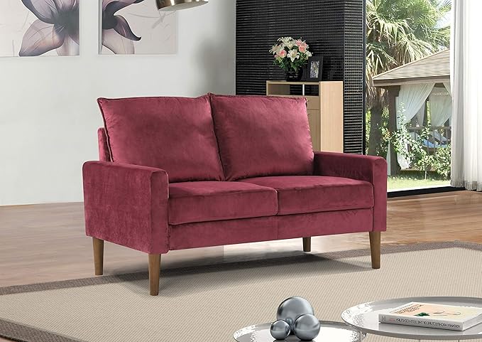 Container Furniture Direct Petit Mid Century Modern Velvet Loveseat for Small Spaces, Upholstered 2 Seater Couch for Living Room and Bedroom, Easy Assembly, Purple