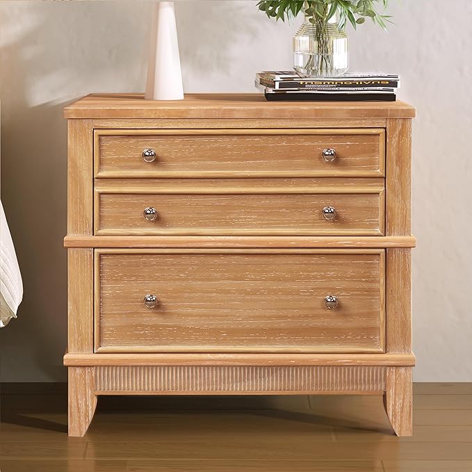 Merax Wooden Hazel 3-Drawer Nightstand, Mid-Century Modern Night Stand with Storage Drawers, Bed Sofa Side End Table, Dressers Organizer Vertical Storage Tower Tables for Bedroom & Living Room, Brown
