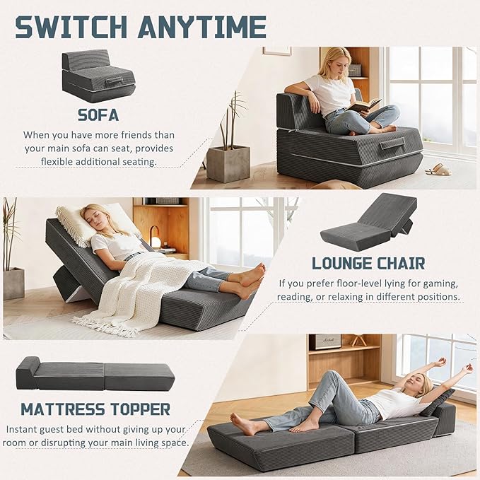 Trenda Folding Sofa Bed, 16lbs Convertible Sleeper Chair with Removable Back Pillow & Handle, Washable Cover Solid Foam Fold Out Chair Bed for Living Room, Apartment, Guest, Single, Dark Grey