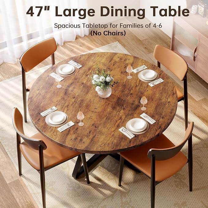 Concho 47" Round Dining Room Table for 4-6,Circle Kitchen Dining Dinner Table with Pedestal Metal Frame,Space Saving Wood Kitchen & Dining Room Furniture, Rustic Brown