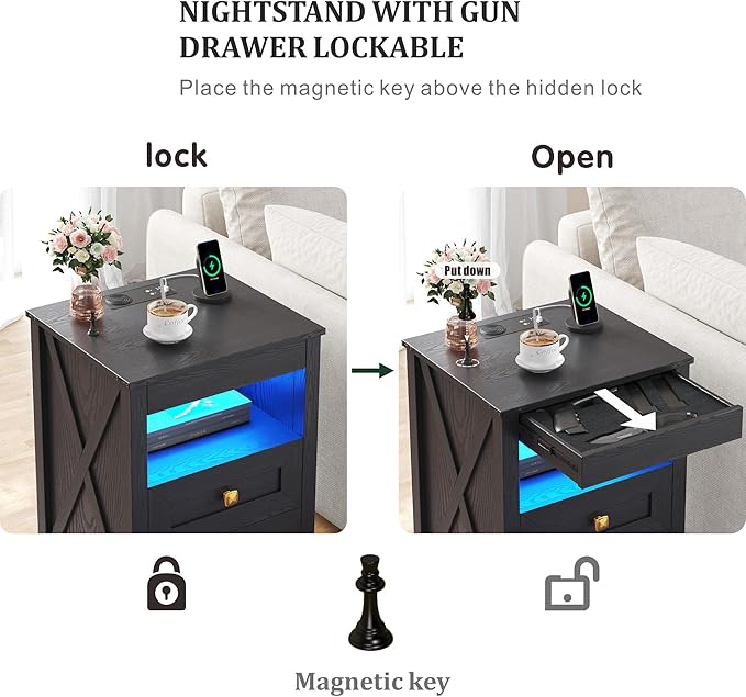 Night Stand Set 2 with Gun Drawer, Farmhouse Bedside Table with Charging Station, Gun Nightstand with LED Light & Human Sensor, Smart End Table for Bedroom, Black