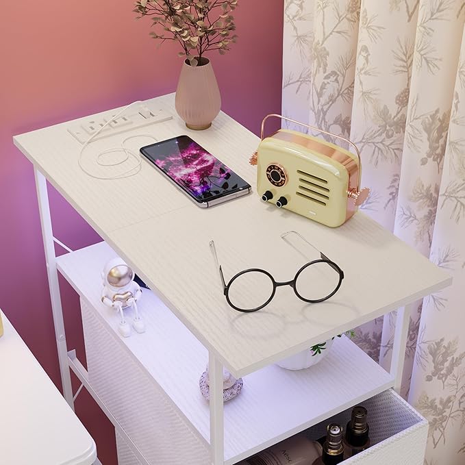 GiftGo Narrow Dresser with Charging Station LED Storage Tower with Fabric Chest of Drawers for Small Space Gap Open Shelf Skinny Dresser for Bedroom Closet, Bathroom (White, 4 Drawers)