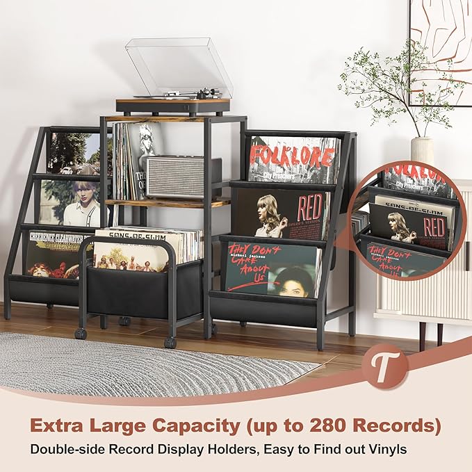 Record Player Stand with Vinyl Storage Cart, Record Player Table with Record Storage 200 Albums, Turntable Stand with Record Holder Vinyl Display Shelf, Record Cabinet Media Stereo