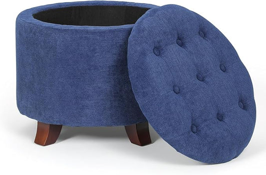 Athena Collection 20 Inch Small Ottoman with Storage, Round Linen Fabric Storage Ottoman with Removable Lid, Stylish Footstool Foot Rest for Living Room, Bedroom, Dorm, Blue