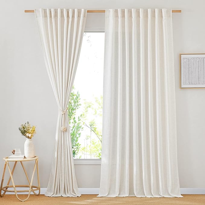NICETOWN Linen Burlap Sliding Door Curtains 2 Panels Set, Rod Pocket & Back Tab Semi Sheer Privacy with Light Filtering Window Treatments for Bedroom/Living Room, Natural, W66 x L95, 2 Pieces