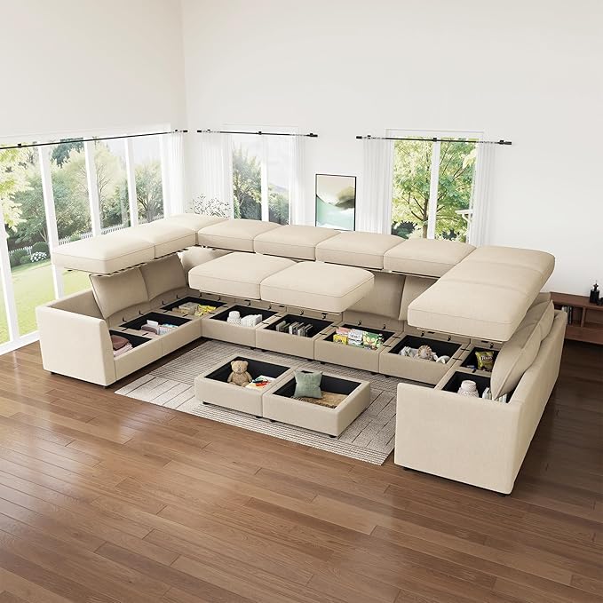 HONBAY Modular Sectional Sofa Sleeper Couch with Storage Modular Couch Convertible Couches for Living Room - Beige