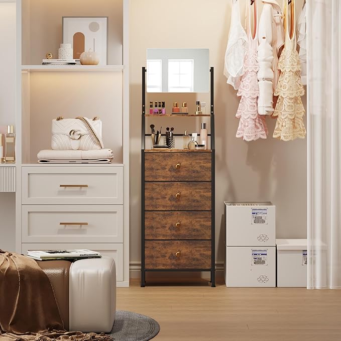 Dresser with Mirror, 4 Drawers Dresser with 2-Tier Shelves, Freestanding Fabric Chest of Drawers for Small Space, Tall Narrow Nightstand Vanity for Bedroom, Hallway, Dorm, Rustic Brown, 15.3"W