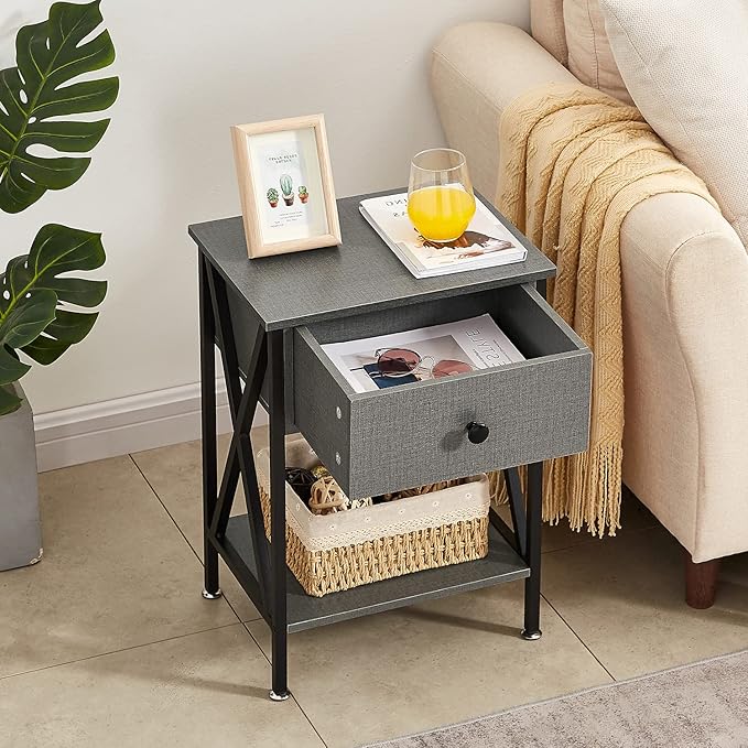 VECELO Night Stand Set of 2, End Tables with Drawer, 2-Tier Bedside Tables with X Shaped, Side Table Stand with Storage Shelf for Living Room/Bedroom,Dark Gray