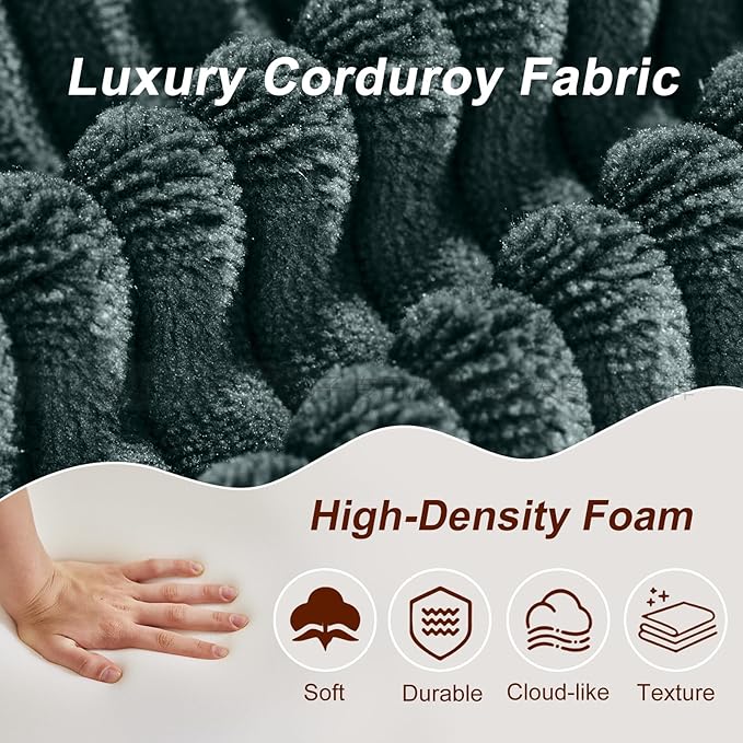 SUYOLS Corduroy Cloud Couch with Pillow, Premium Memory Foam, No Assembly Required, Deep Seat Sofa in Box, Space-Saving Chair for Home, Living Room, Bedroom, Apartment, Office, 3-Seater, Dark Green