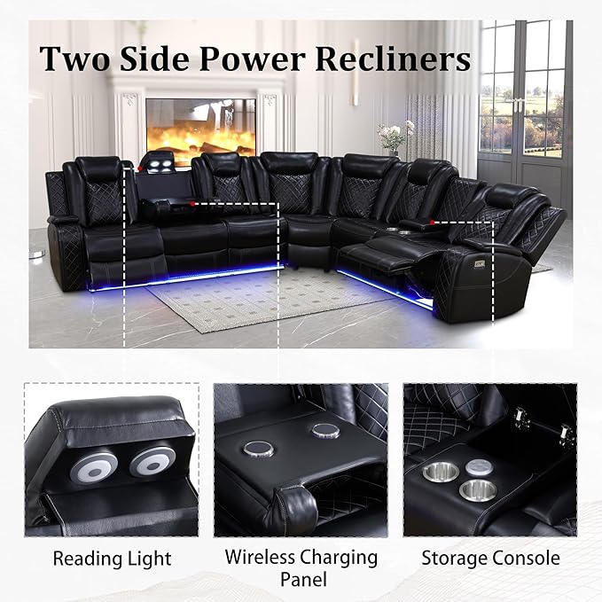 Power Recliner Sectional Couch for Living Room, Breathing Leather Reclining Sectional Sofa, 6 Seat L Shaped Reclining Couch with LED Lighting/Cup Holders/Strorage/USB Port (Black)