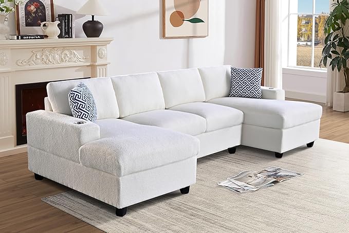Ball & Cast 124" U-Shaped Sectional Sofa Couch for Living Room with Double Chaise,Cup Holders & Pillows,4 Seat Sherpa Upholstered Modern Modular Sectional Sofa Couches Set,for Home,Office,Beige