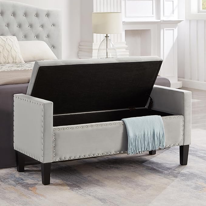 Velvet Storage Ottoman with Armrests, Upholstered Button Tufted Entryway Bench with Nails Trim for Bedroom End of Bed, Living Room,Gray
