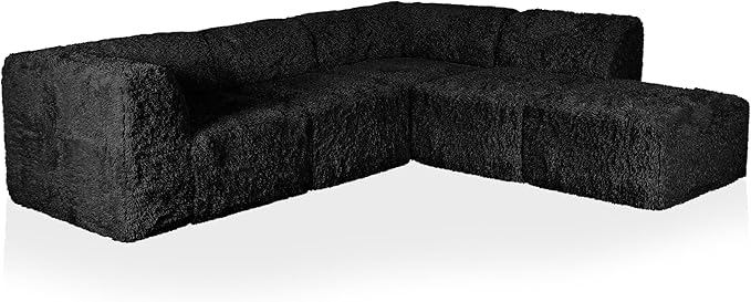 Furniture of America Havyn Modern Faux Fur 5-Seater L-Shaped Modular Foam Sectional Sofa with Ottoman, Compressed Couch in a Box, No Assembly Required, for Living Room and Office, Black