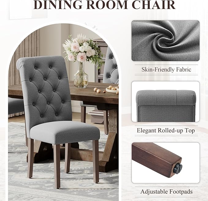 Upholstered Tufted Dining Room Chairs Set of 2, Parsons Kitchen Chairs with Padded Seat and Solid Wood Legs, Fabric Accent Side Diner Chair for Dining Room/Kitchen/Living Room, Grey