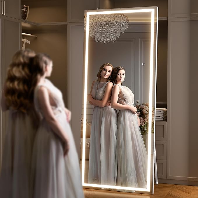 95" x 40" Full Length Mirror with Lights, Large LED Lighted Floor Standing Body Mirror, Dimmable & 3 Color Lighting for Home Gym, Cloakroom, Living Room, Tempered Glass, White Frame