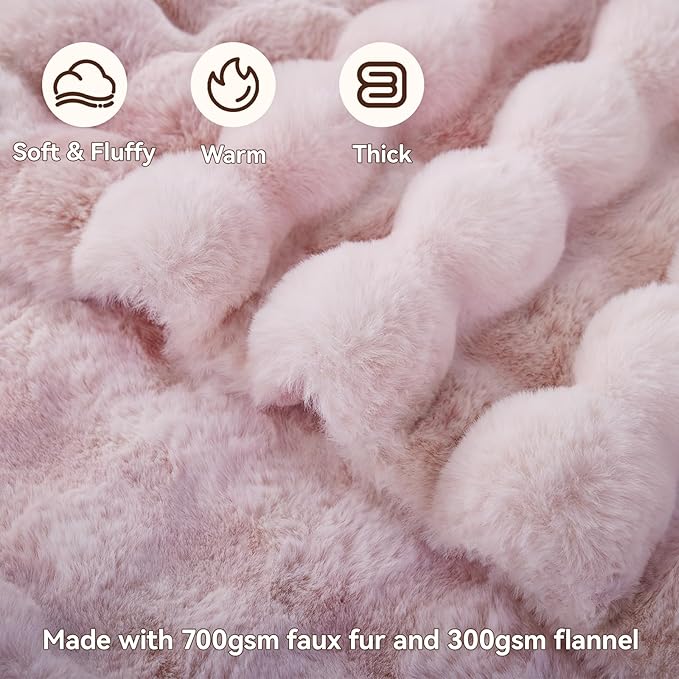 Faux Fur Throw Blanket, 1000GSM Fluffy Soft Bubble Blanket for Couch Bed, Cozy Plush Warm and Thick Blanket, Fuzzy Rabbit Throw for Living Room Bedroom 90''*104'' Pink