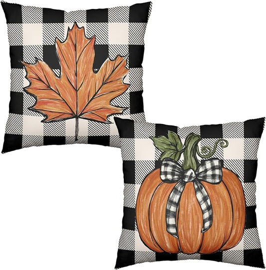 Fall Outdoor Throw Pillow Covers 18x18 Set of 2 Orange Pumpkin Maple Leaves Buffalo Plaid Autumn Decorative Pillow Cases Farmhouse Thanksgiving Cushion Cases for Couch Sofa