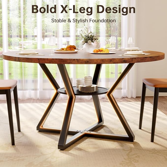 Concho 47" Round Dining Room Table for 4-6,Circle Kitchen Dining Dinner Table with Pedestal Metal Frame,Space Saving Wood Kitchen & Dining Room Furniture, Rustic Brown