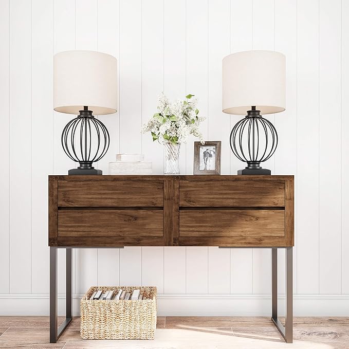 Modern Table Lamps - Set of 2 Wrought Iron Open Cage Lights with LED Bulbs - Rustic Farmhouse Style for Living Room or Bedroom by Lavish Home (Black)