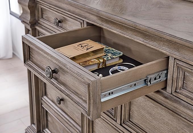 Signature Design by Ashley Blairhurst Traditional 10-Drawer Dresser and Mirror with Safety Stop, Felt-Lined Top Drawer and LED Lights, Light Brown