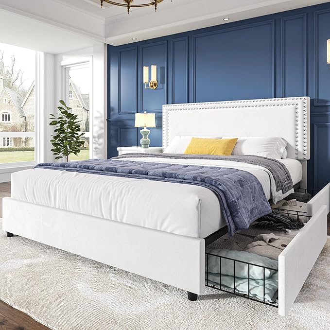 VECELO Full Size Upholstered Platform Bed Frame with 4 Storage Drawers, Adjustable Velvet Rivet Decor Headboard, Wooden Slats Support, No Box Spring Needed, Easy Assembly