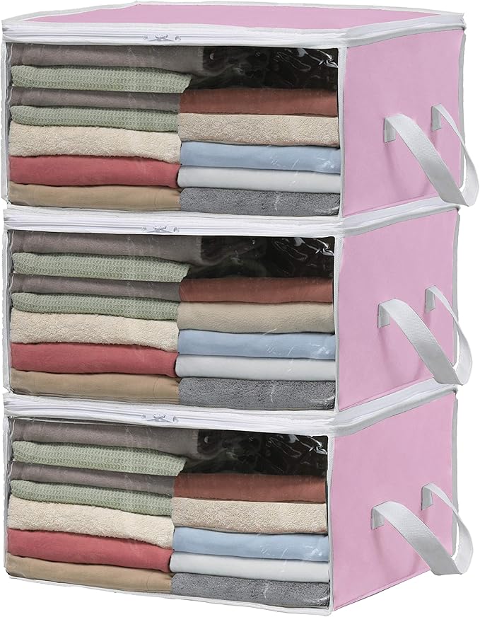 Simple Houseware 3 Pack Foldable Closet Organizer Clothing Storage Box with Clear Window, Pink